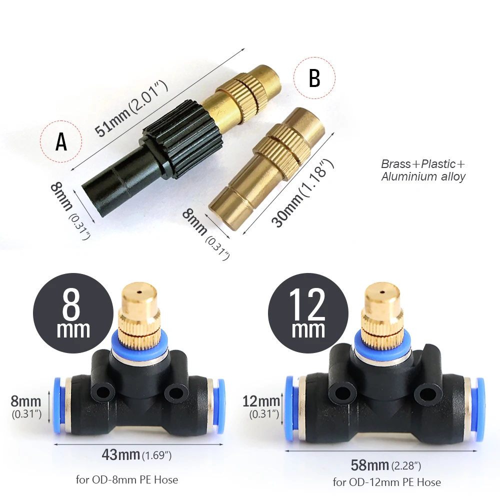 فوهة رشاشات صغيرة نحاسية قابلة للتعديل للحدائق ، نظام تبريد للتضليل ، مرذاذ سقي ، 5 من من الخارج ، 8 من الخارج ، 12 من PE ، 10 من PE