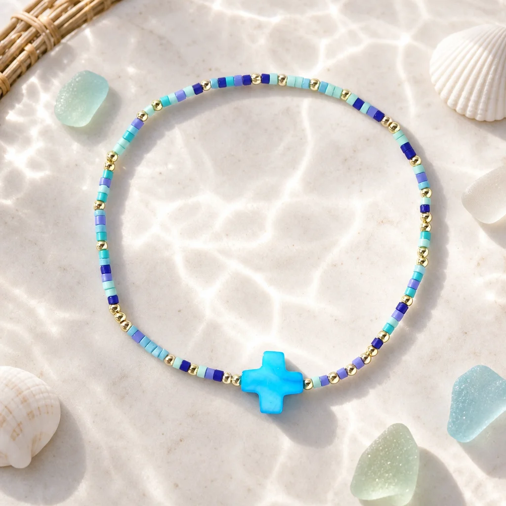 1pc Christian Cross Beaded Strand Bracelet with Blue Glass Beads Copper Accents for Women Religious Style Jewelry