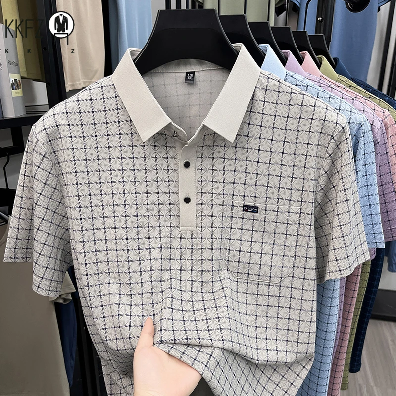 Polo à col à revers à carreaux géométriques pour homme, en tissu doux, pour tous les jours, décontracté, pour les dîners et les promenades après le travail