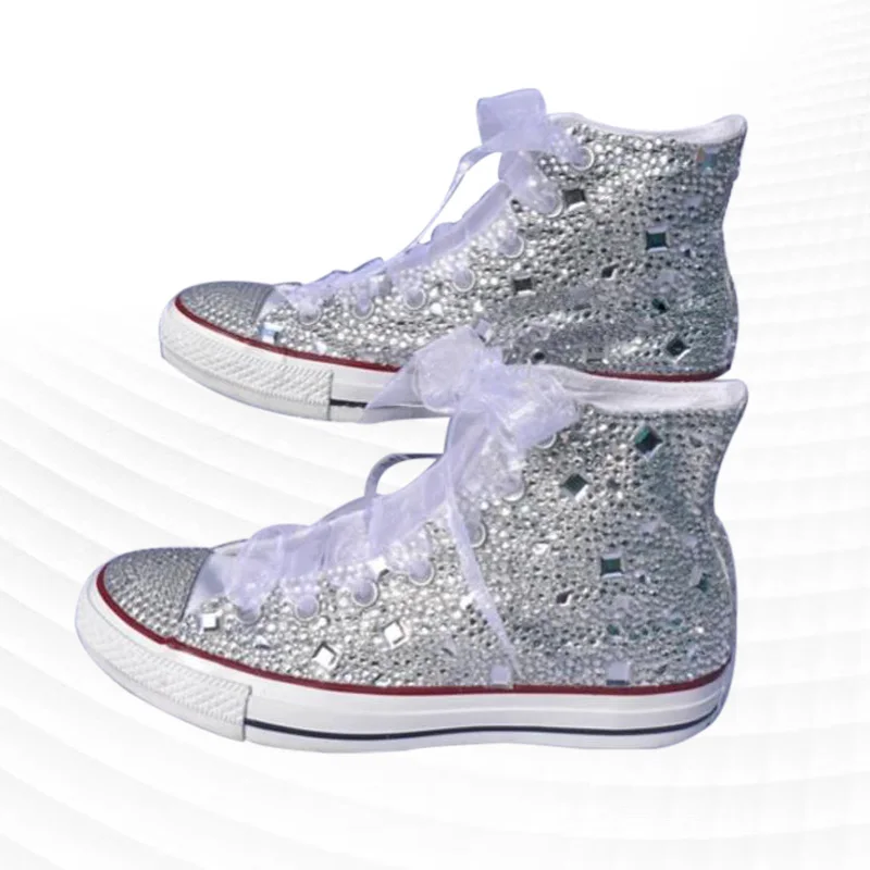 Large size ribbon rhinestone wedding shoes handcrafted high top canvas shoes casual comfortable sports women's shoes 35-46