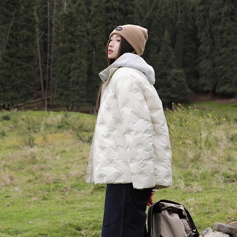 Women Diamond Quilt Parka Coat Short Jacket Zipper Pocket Stand Collar Long Sleeve Thick Loose Office Lady Casual 2025 Winter