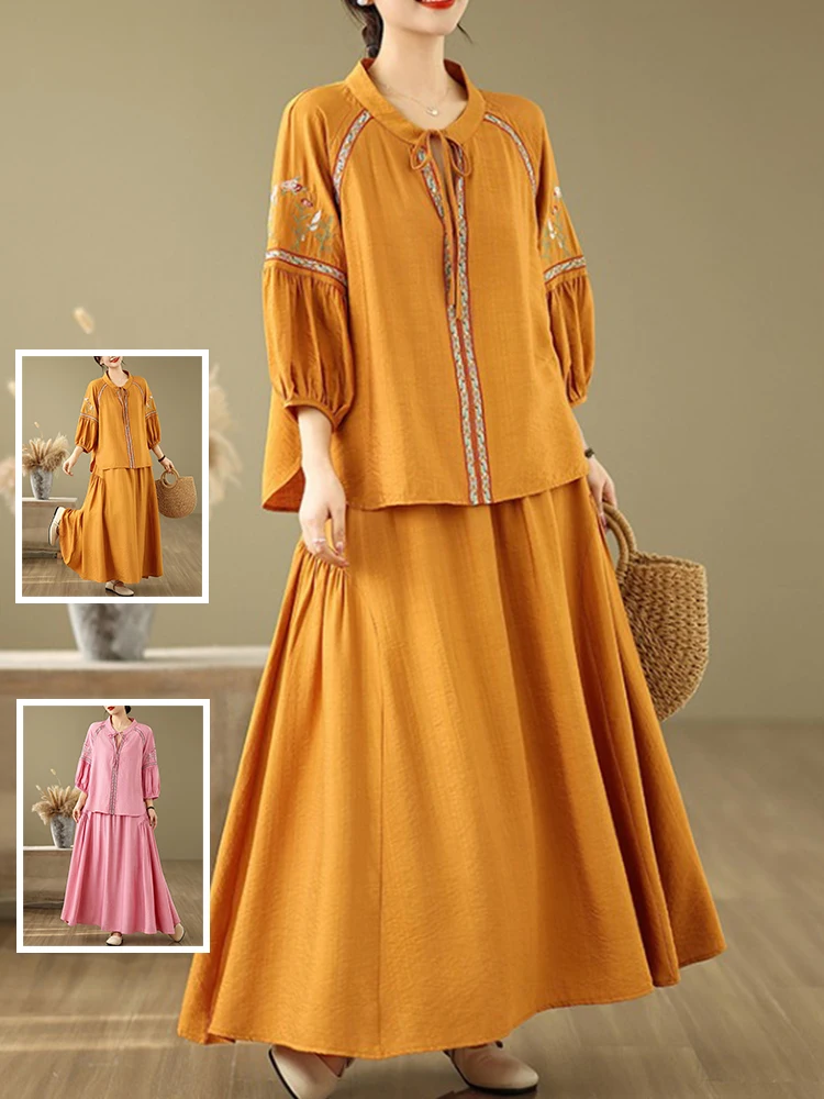 

Модный комплект из хлопкового льна с вышивкой-фонариком Све V-Ne irt Юбка с эластичной резинкой на талии Костюм из двух предметов Летний сарафан