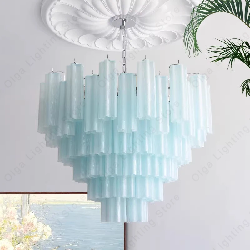 Light Blue Glass Ceiling Pendant Light Big, Elegant Home Decor 2026 French Style Lighting Chrome Dimmable Lampen Lustres