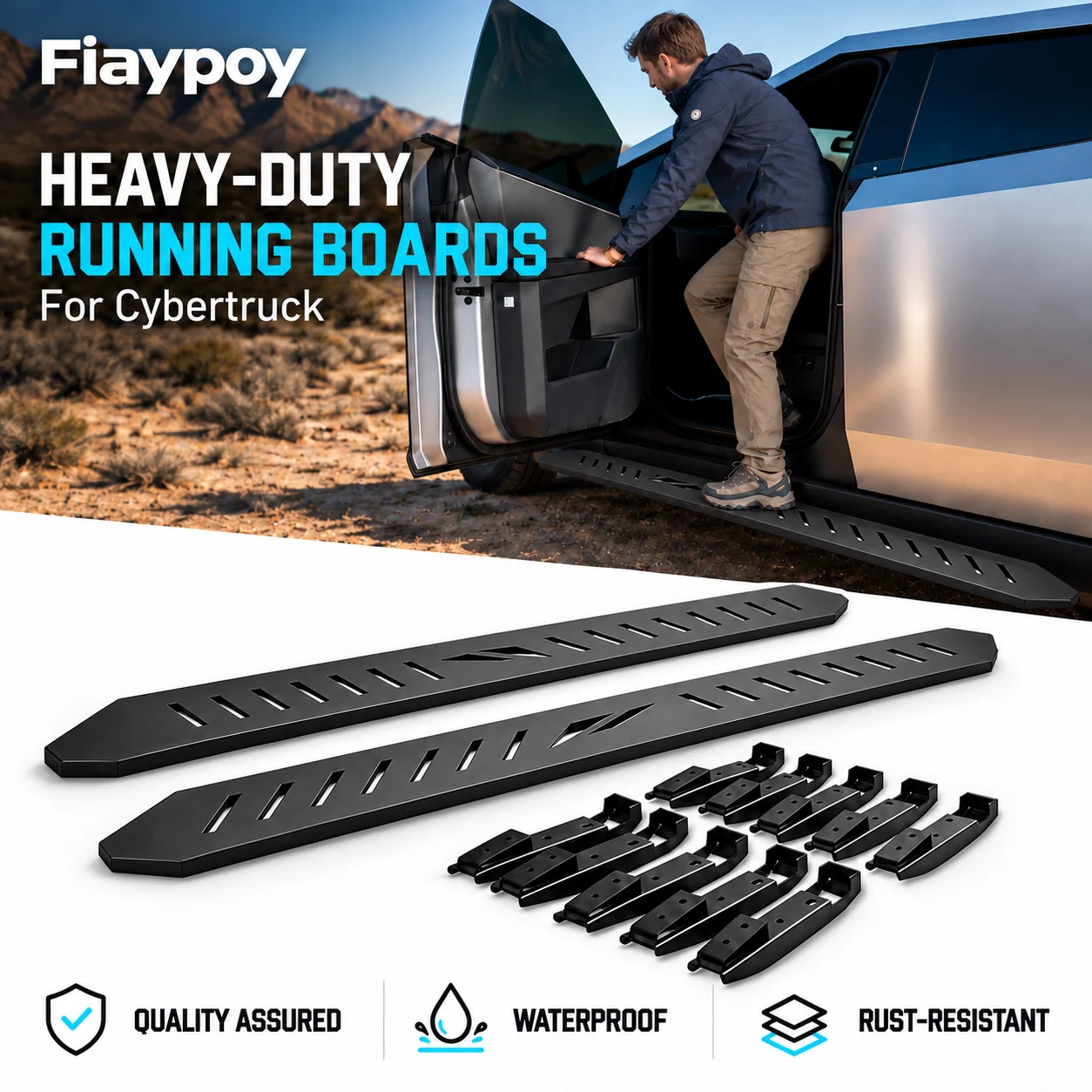 Fiaypoy Heavy-Duty Running Boards for Tesla Cybertruck Side Steps OEM-Style Anti-Slip Black Exterior Accessory with Brackets Kit