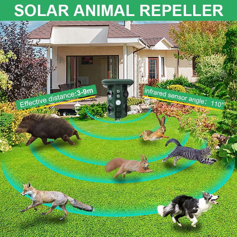 Solar Ultrasonic Repeller 2024 Animal Deterrent Devices Outdoor with Motion Sensor & Flashing Light Repelling Squirrels,Raccoon