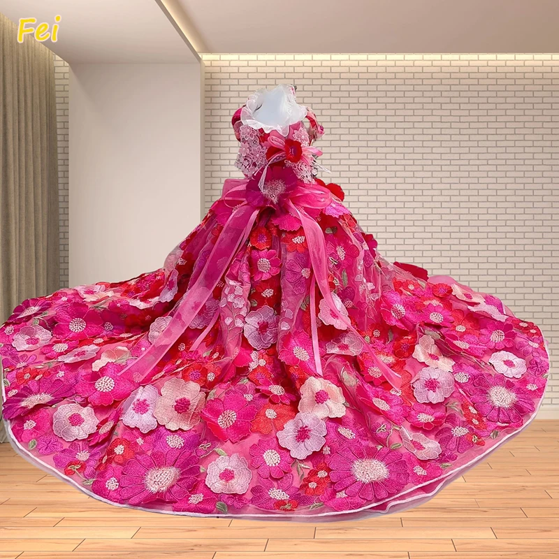 

Luxury High-end Rose Red Pet Dog Clothes Handmade Sunflower Embroidery Long Tail Lace Princess Dress For Small Medium Dog Poodle