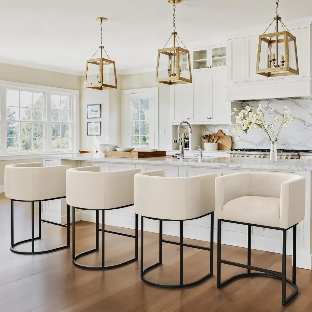 

27" H Counter Height Bar Stools Set of 3, Modern Barrel Counter Stools with Backrest and Arms, Black Metal Frames.