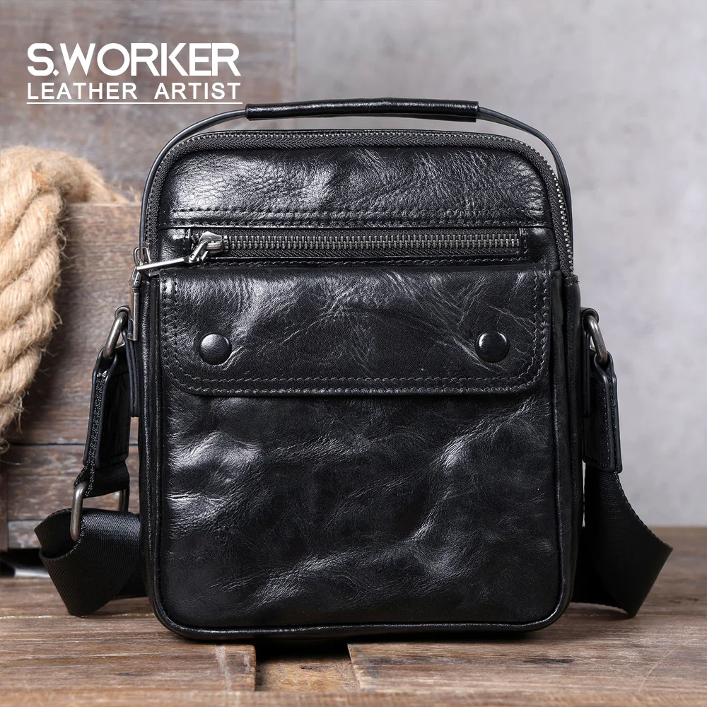 S.WORKER Vollnarbenleder-Umhängetasche für Herren Vintage Echtleder Herrenmode Schultertasche Messenger Bag – Detail 2