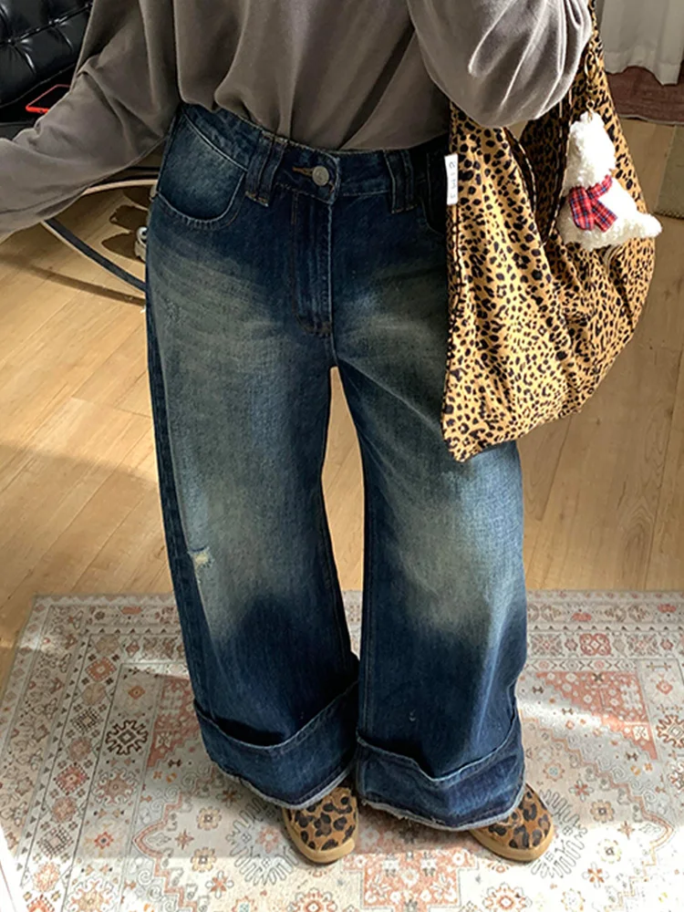 Retro American Fashion Loose Slimming Versatile Women's Jeans Flip  Floor-Length Trendy Design Spring Autumn New Style