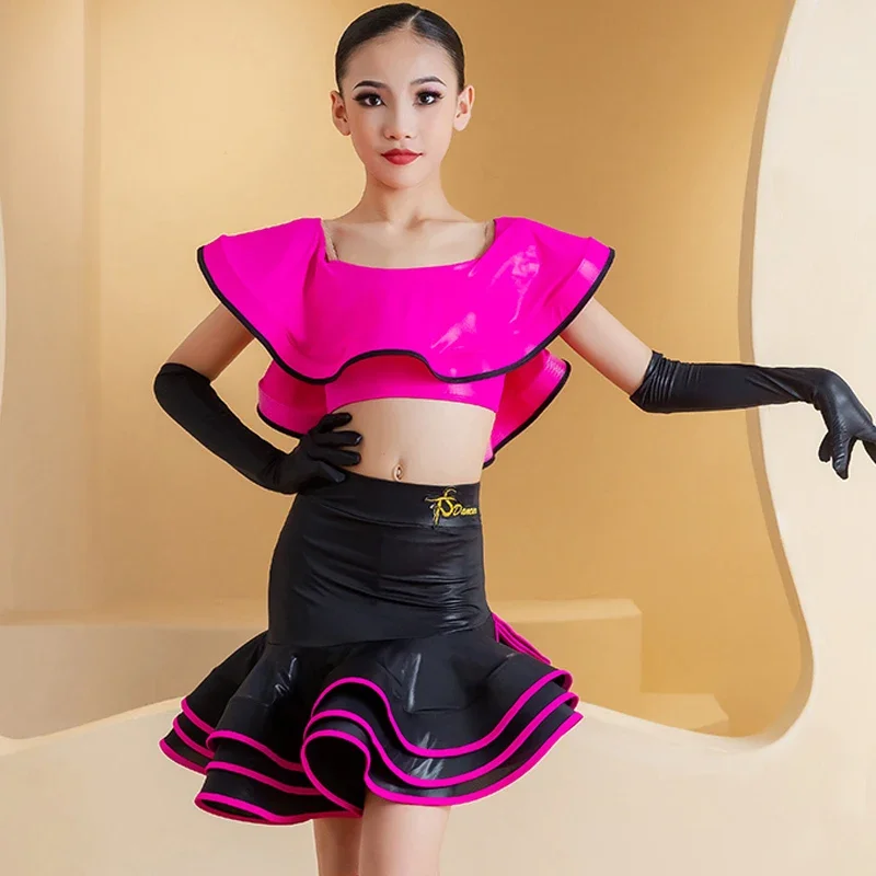 Trajes de baile latino para niñas, falda de cuero con volantes, ropa profesional de baile latino Samba Chacha, novedad de 2025