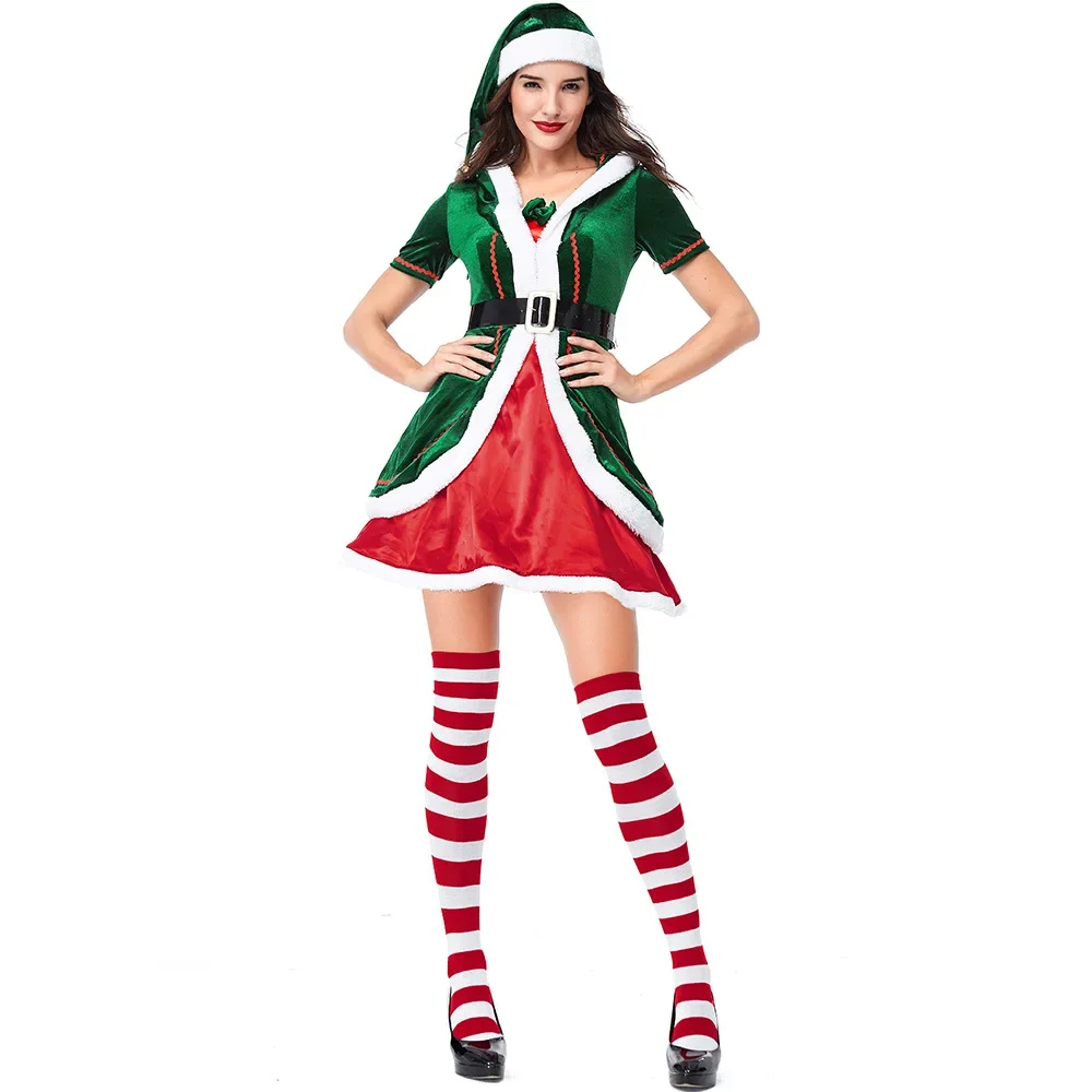 Volwassen Kerst Elf Kostuum Vrouwen Jurk, Dameskleding Elf Cosplay Familie Carnaval Feest Nieuwjaar Fancy Kleding Set