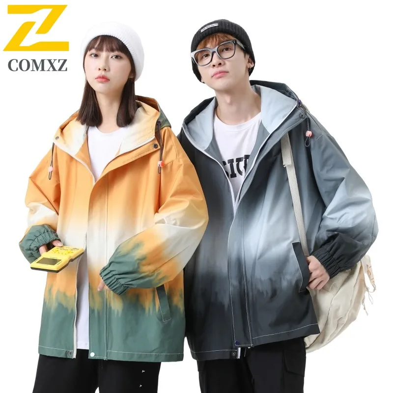 

COMXZ 2025 Outdoor sports Spring Autumn New Gradient Loose Long Sleeve Jacket Zipper Hooded Casual Coat Waterproof Windproof