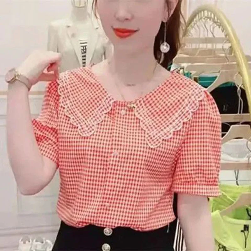 

Sweet Peter Pan Collar All-match Ruffles Lattice T-Shirt Female Clothing 2023 Summer New Casual Pullovers Office Lady Tee Shirt