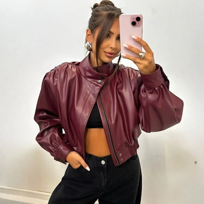 Talenza Giacca in pelle da donna vintage Autunno New Fashion Streetwear Giacca corta con cerniera Colletto alla coreana di lusso Capispalla femminile