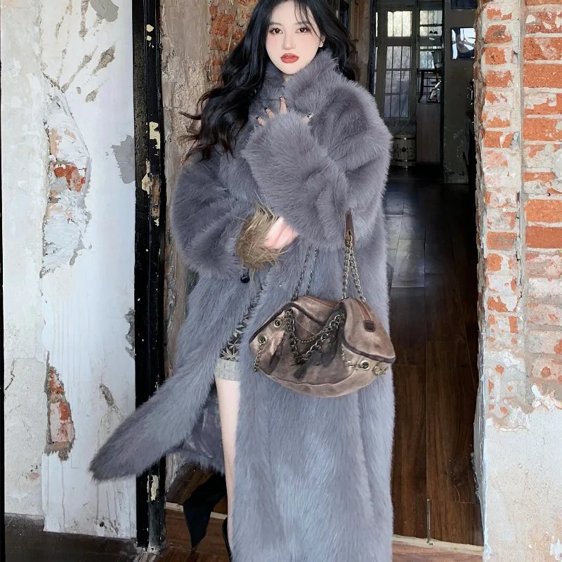 Winter Faux Fur Coat Long Women Warm Fluffy Jacket Red Luxury Brand Long Sleeve Korean Chic Outerwear Women\'s Clothing Coats