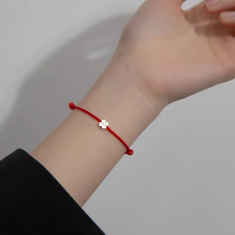 S925 Sterling Silver Adjustable Bracelet for Women, Flowers, Red Rope, Clover, Fine Jewelry, Minimalist Accessories