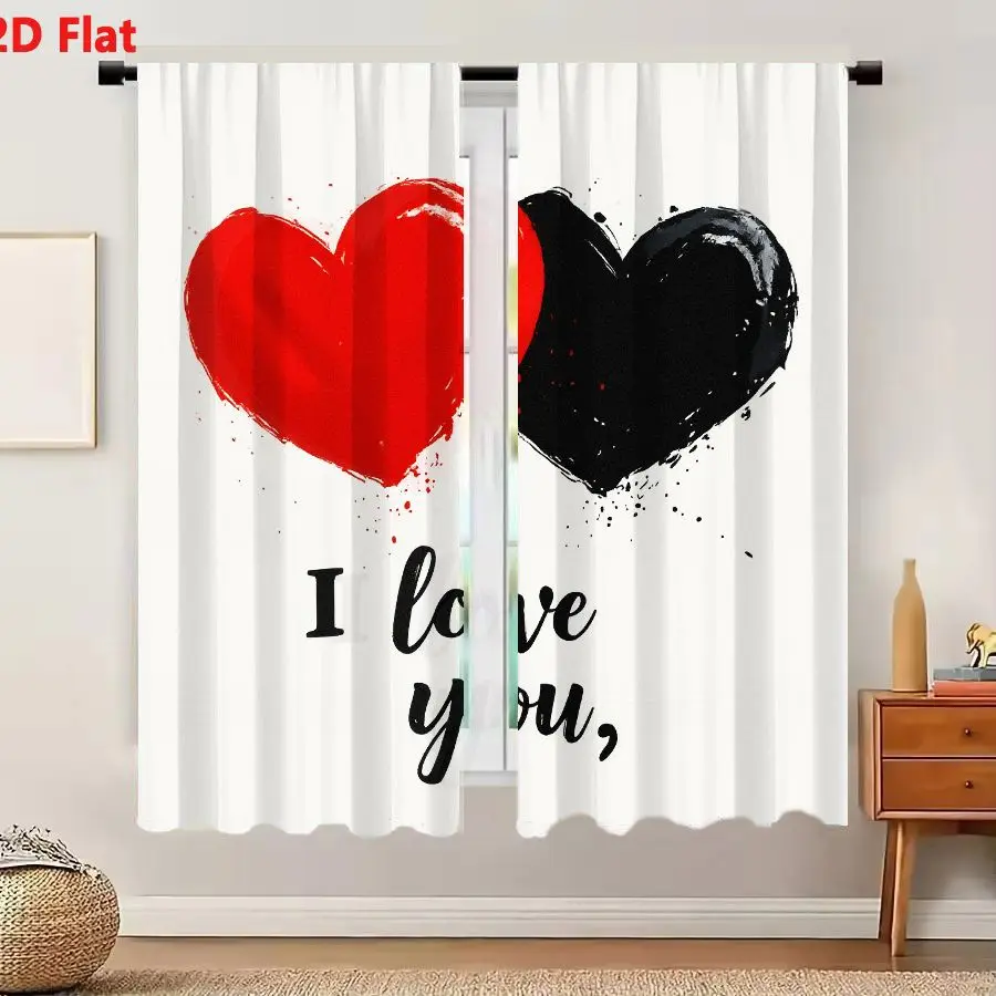 2Pcs Curtains 2D Flat Heart Shapes Brushstroke Style I Love You Cursive Script Window Drapes for Bedroom Room Decor Decoration W