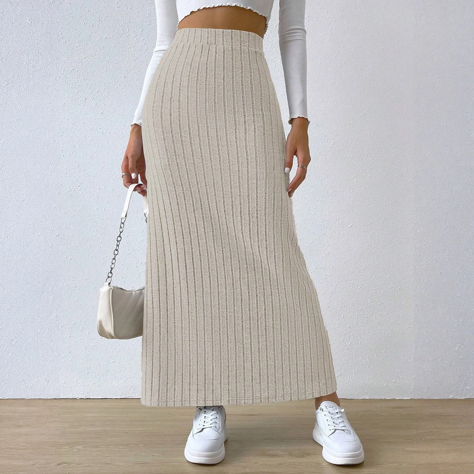 Women'S Fall Winter Skirt Casual Solid Color Knitted Thick High Waist Slit Skirt Slim Split Hem Maxi Skirt Skirts For Women