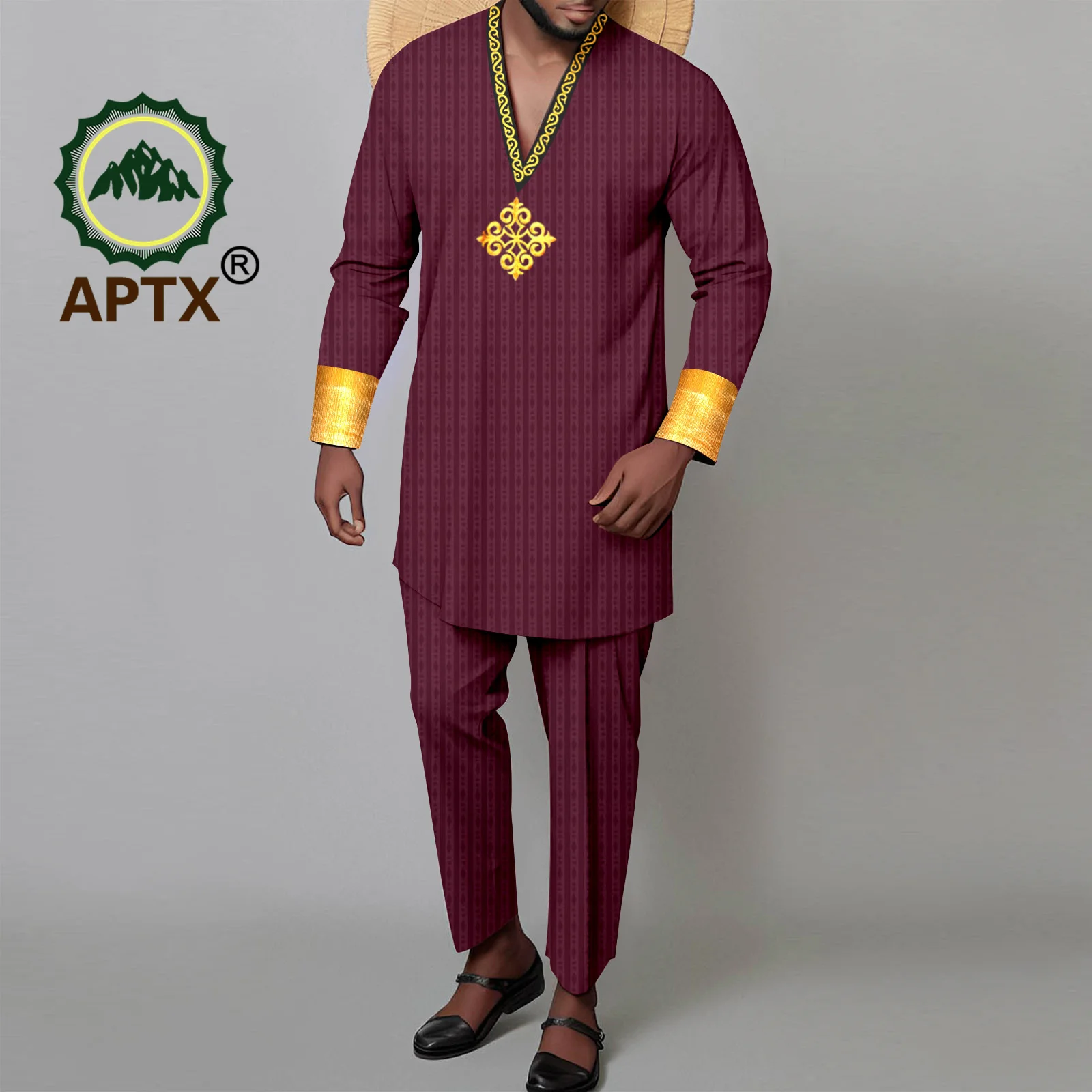 APTX African Clothes for Men Summer Traditional 2 Pieces Set V-neck Embroidery Shirt Pants Wedding National Causal Wear A2316033