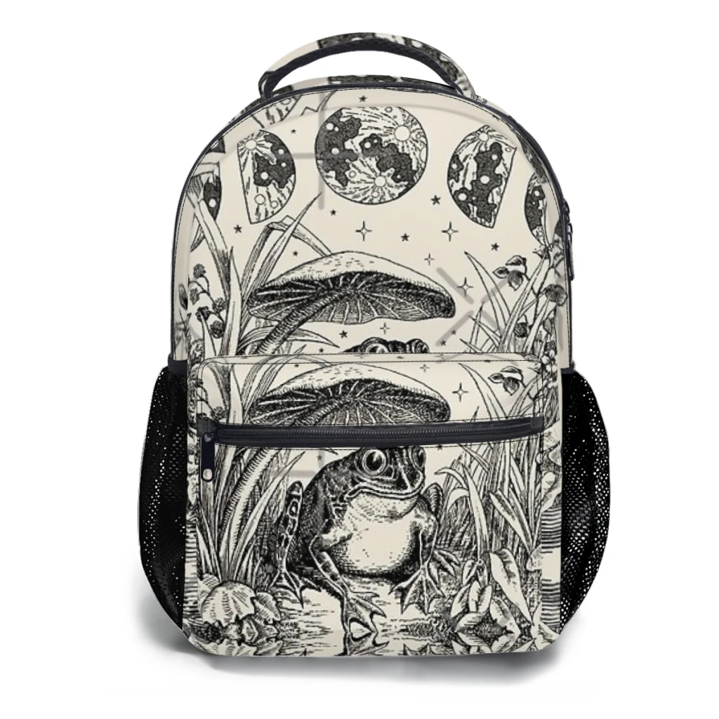 New Fashionable  Cottagecore Aesthetic Frog, Mushroom Moon Witchcraf Pattern School Bag  Print Backpack 17inch