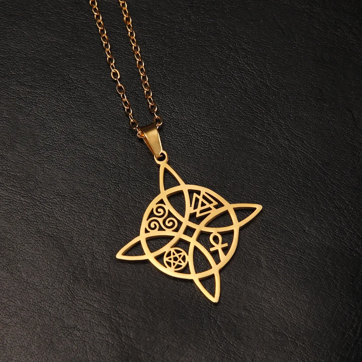 LIKGREAT Czary czarownica węzeł wisiorek naszyjnik dla kobiet ze stali nierdzewnej Amulet Triskelion Ankh krzyż Pentacle biżuteria prezenty