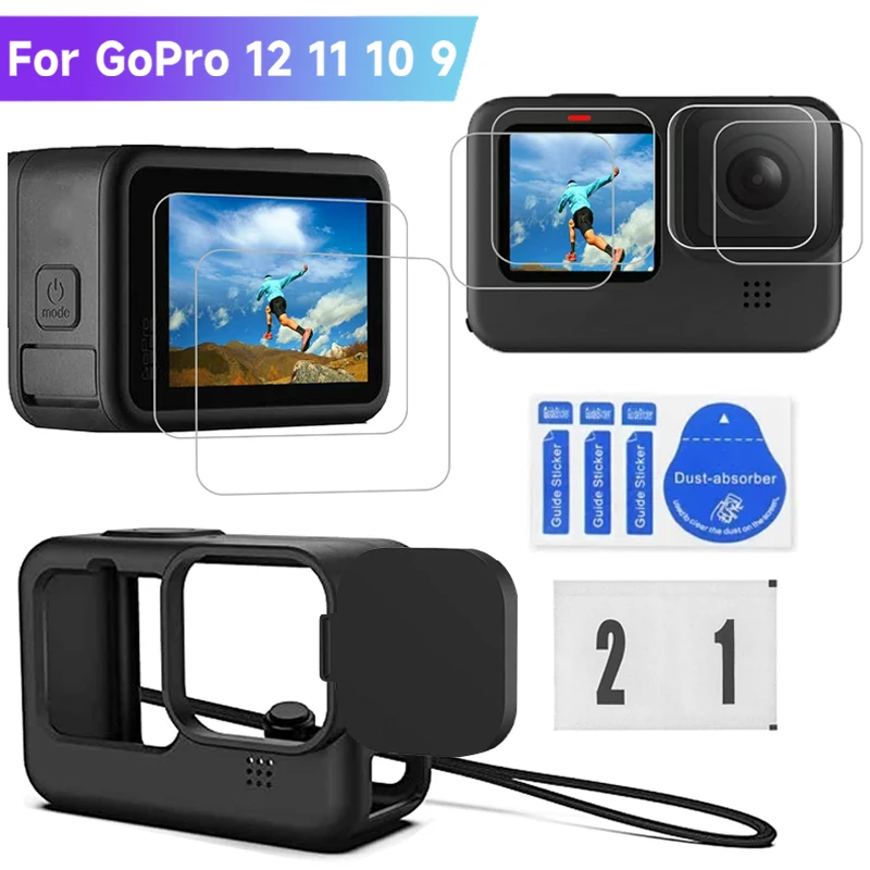 ل GoPro بطل 12 11 10 9 طقم حماية الزجاج المقسى فليم شاشة واقية مكافحة الإفلات سيليكون غطاء كاميرا مع حبل