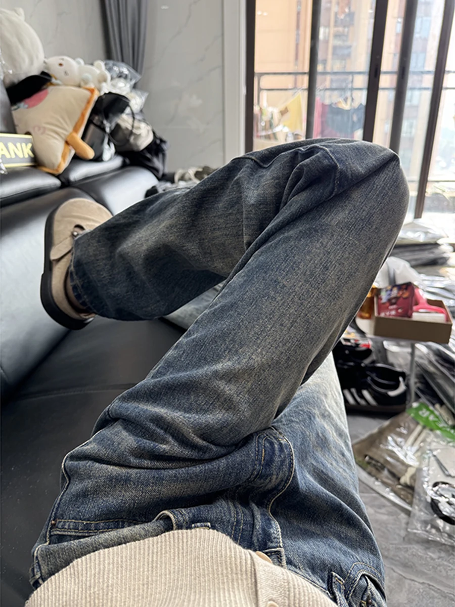 

Retro Blue Waed Men's Jeans Straight Leg Lengthening Effect Youth Trendy Long Pants mid Waist Zipper Casual Wear