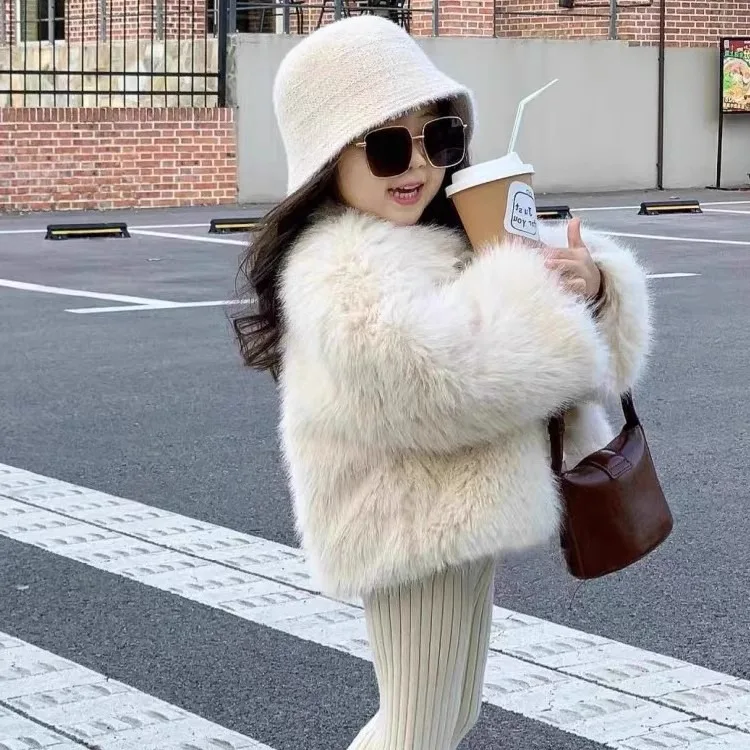 

Faux Fur Coats Children Jackets Solid Round Neck Long Sleeves Single Breasted Thick Warm Fur Loose Fit Casual 2025 Autumn Winter