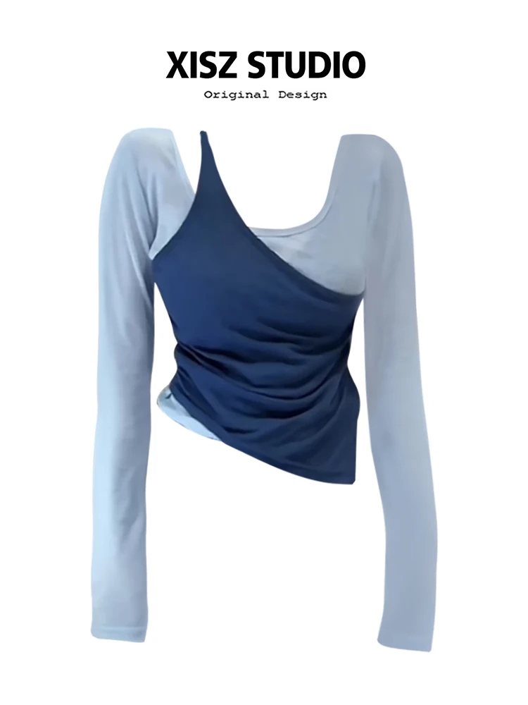 

Женская футболка из двух предметов в стиле Харадзюку, корейская футболка Y2k, эстетичная винтажная футболка 90-х годов с длинными рукавами в стиле пэчворк, одежда 2000-х годов