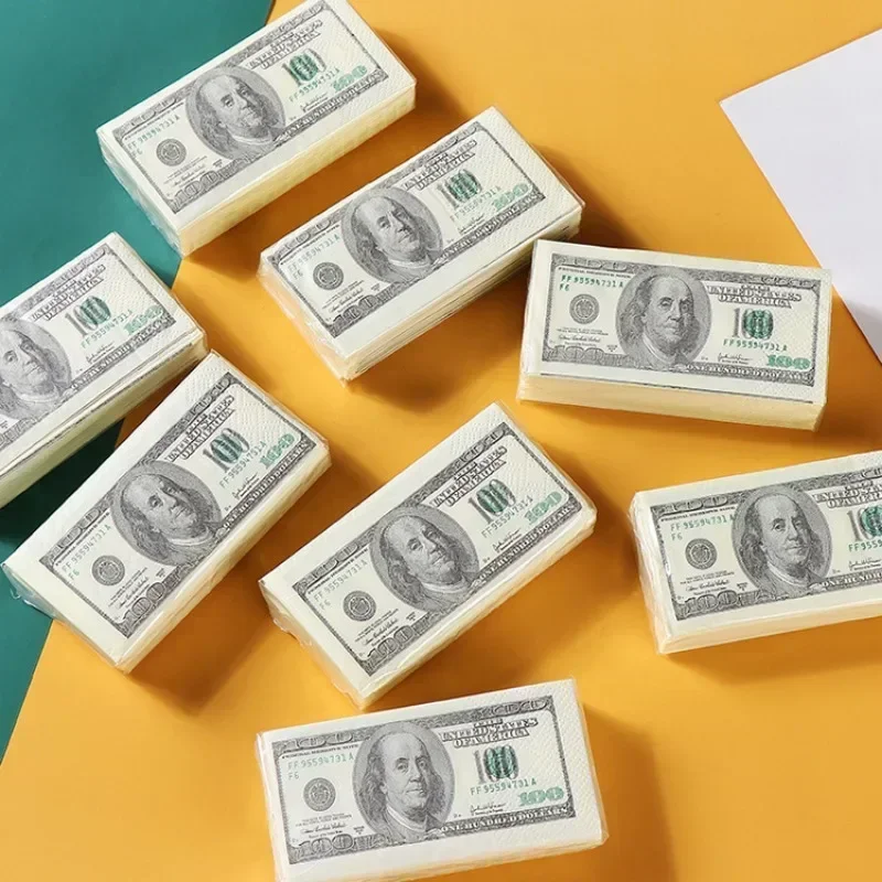 クリエイティブなカラフルなプリントハンカチ、ポータブルスモールパックナプキン、ドル柄のアートペーパータオル、3プライ、21x21cm、100個