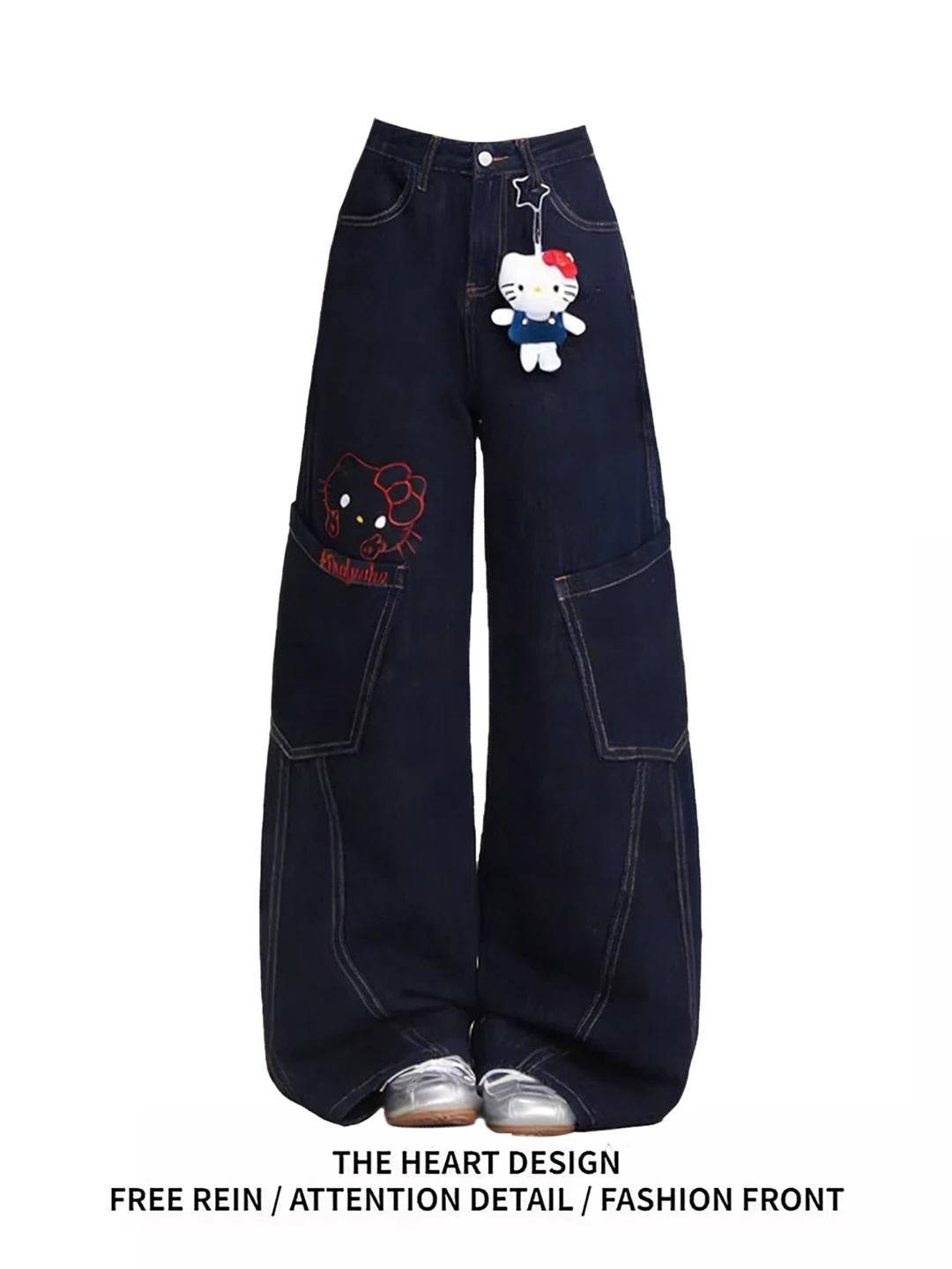 

Loose Wide Leg Kit Cartoon Embroidery Jeans Women's Spring New Sle Casual High Waist Workwear Pants Bell Bot