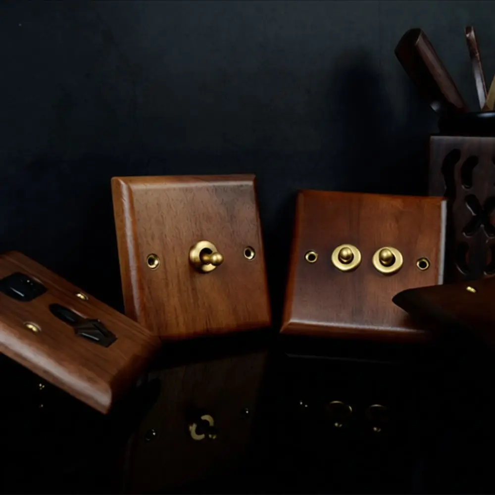 Retro Style Toggle Wall Switch Solid Walnut Wood Brass Lever Decorative Light Panel Unique Interior Electrical Hardware