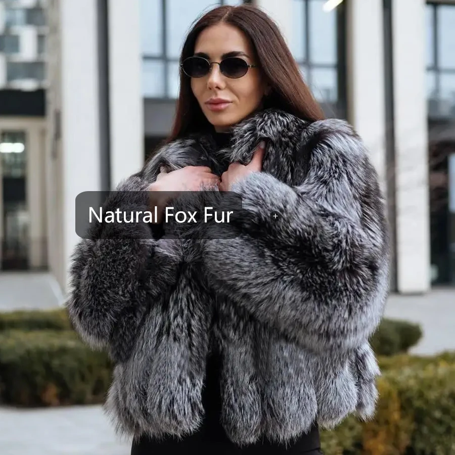 ธรรมชาติเงินฟ็อกซ์ขนสัตว์แจ็คเก็ตผู้หญิงฟ็อกซ์เสื้อขนสัตว์คุณภาพสูงผู้หญิงฟ็อกซ์ขนสัตว์กับLapelฤดูหนาวWarmเสื้อผ้าสตรี
