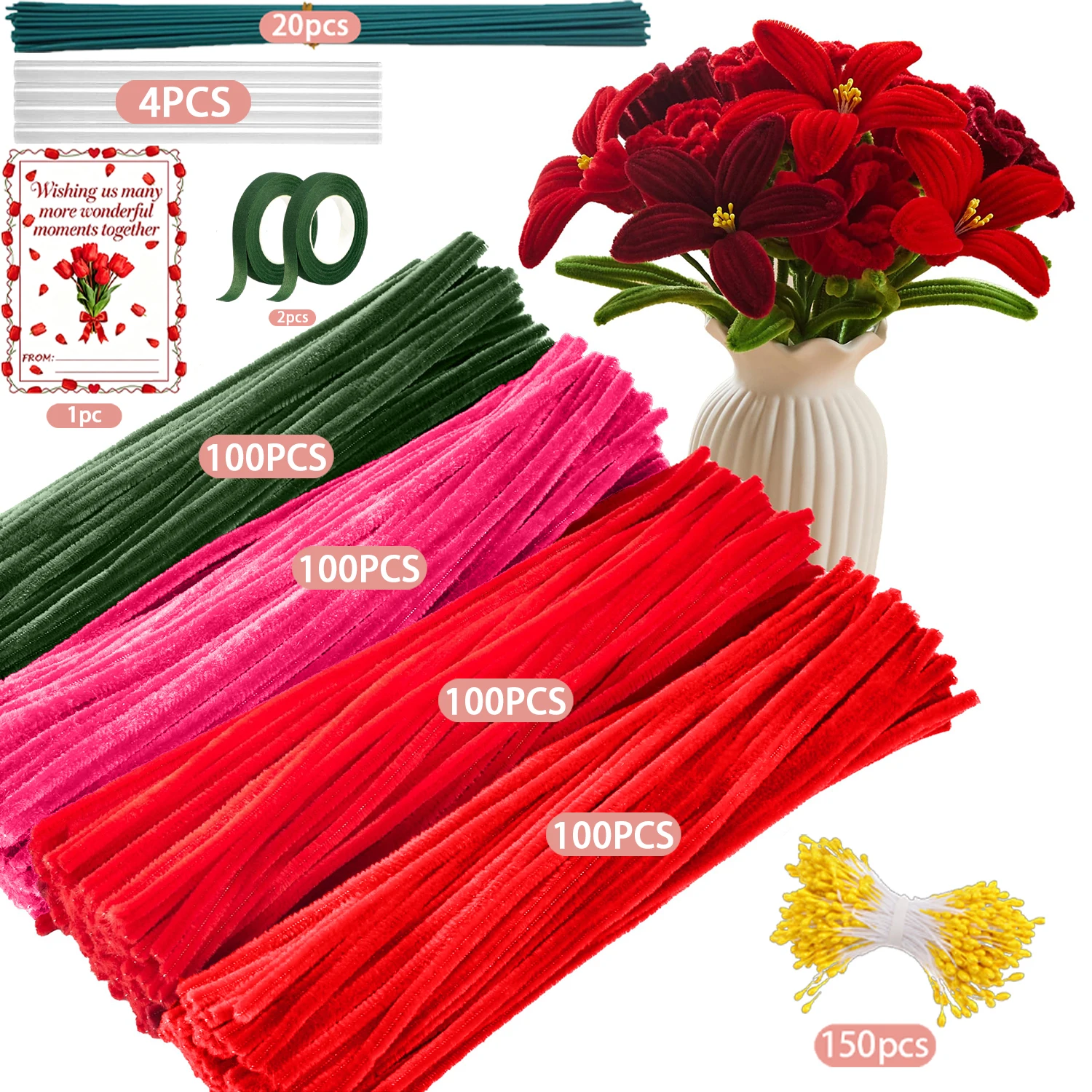 577 Pcs Pipe Cleaner Flower Bouquet Set, Soft Fuzzy Chenille Sticks For Floral Crafts & Home Decor view 3