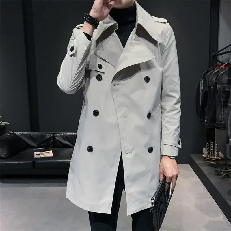 

Trench Coat Men Mid-Length Korean-Style Slim-Fit Trendy Outwear Male Casual Polo Collar Solid Color Double Breasted Outcoat 2024