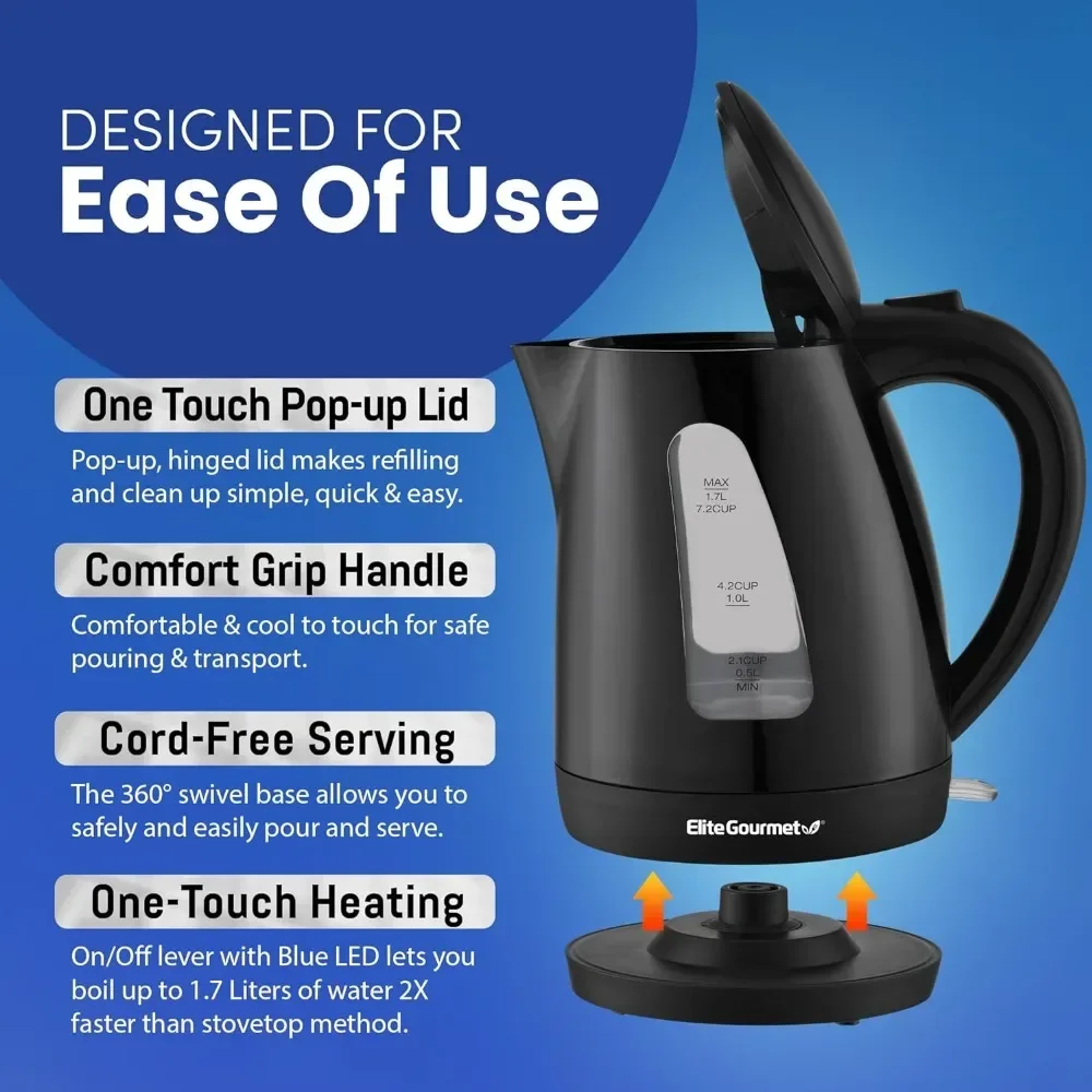 Elite Gourmet EKT8690 1.7L Electric Tea Kettle 1500W Hot Water Heater Boiler BPA-Free,Fast Boil,Water Level Window,Auto Shut-Off