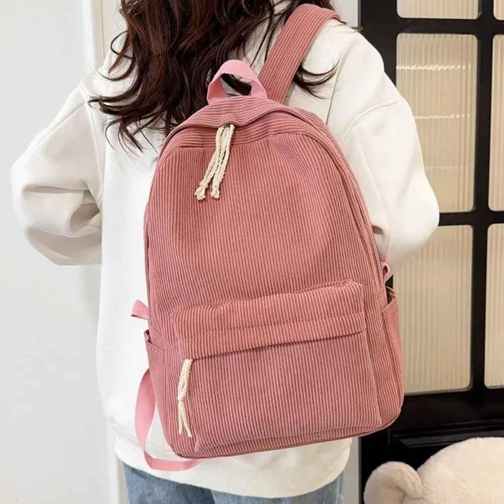 Lightweight Corduroy Backpack Harajuku Solid Color Students School Bag College Style Adjustable Shoulder Straps Students Daypack