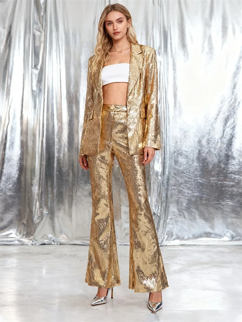 

Sequins Golden Women Suits Set 2 Pcs Blazer+Pants Trousers Formal Office Lady Wedding Guest Jacket Banquet Party Bridal Coat