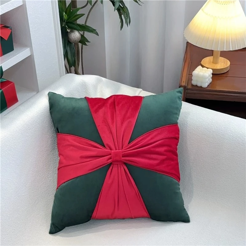 Festive Christmas Wedding New Year Velvet Bow Throw Pillow Cushion for Sofa Living Room Home Decor Gift