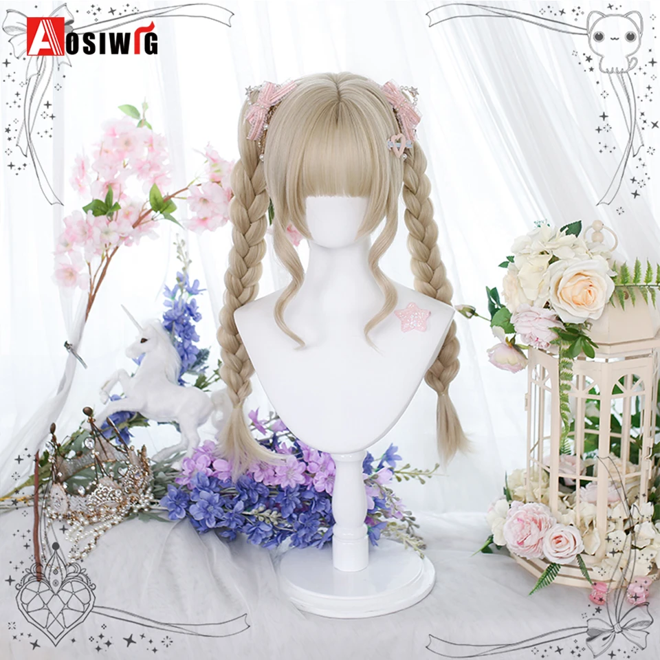 AOSI Blonde Twin Ponytail Princess Cut Natural Short Hair Synthetic Wigs With Bangs For Women Heat Resistant Cosplay Lolita Hair