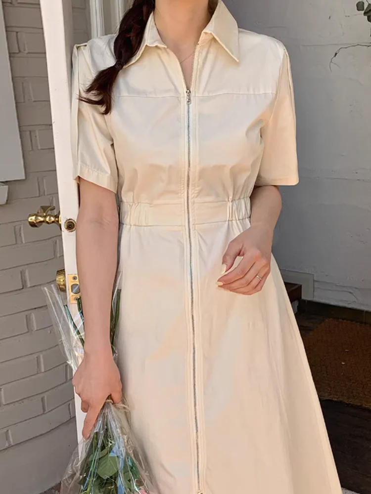 

SuperAen 2024 Korean Chic Summer Lapel Cropped Waist Solid Short Sleeve Zipper Long Dress