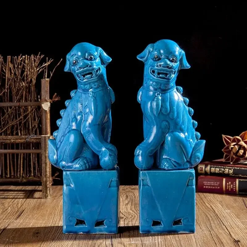 1 Pair Chinese Jingdezhen Ceramics Porcelain Blue Foo Fu Dog Guardion Lion Statue Pair Antique Porcelain Home Decor Statue