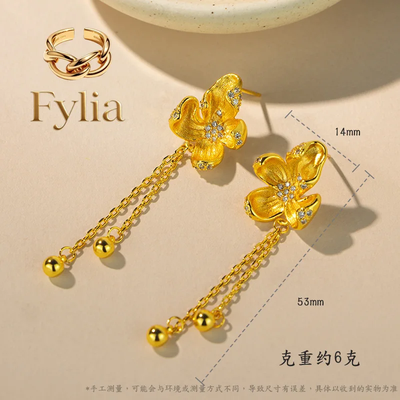 Fylia Jewelry   New Chinese style 24K real gold earrings, retro flowers, 9999 beaded tassel earrings, versatile simple jewelry f