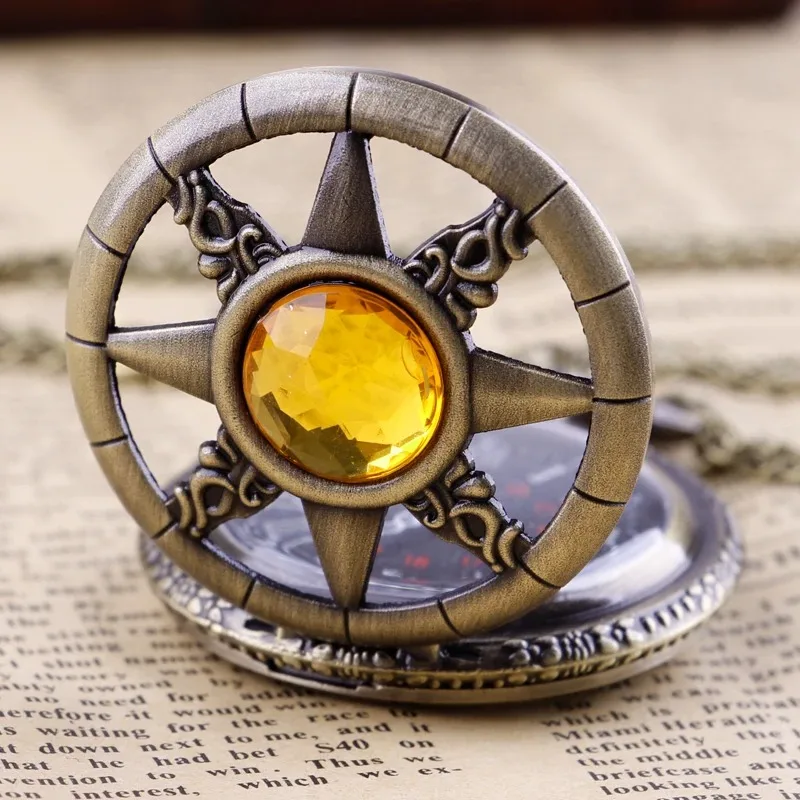 جوفاء الأصفر ماجيك الأحجار الكريمة مطعمة البوصلة خمر ساعة جيب كوارتز قلادة سلسلة بدلاية فريدة من نوعها ساعة مجوهرات هدية