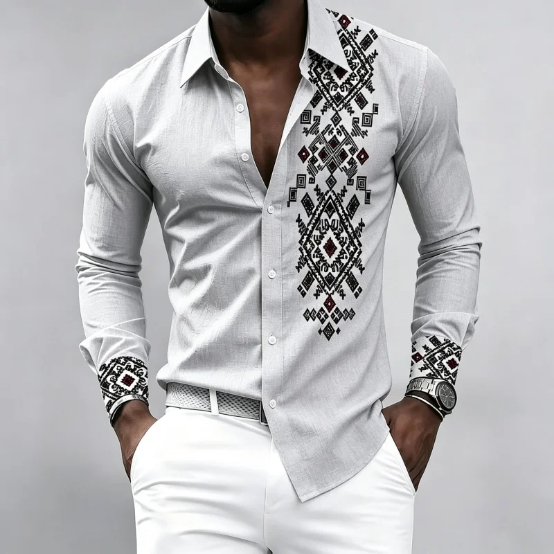 Men's Ethnic Geometric Diamond Print Long-Sleeve Shirt, Suitable for Commute and Vacation, Casual Style, Lapel, Sizes XS-6XL