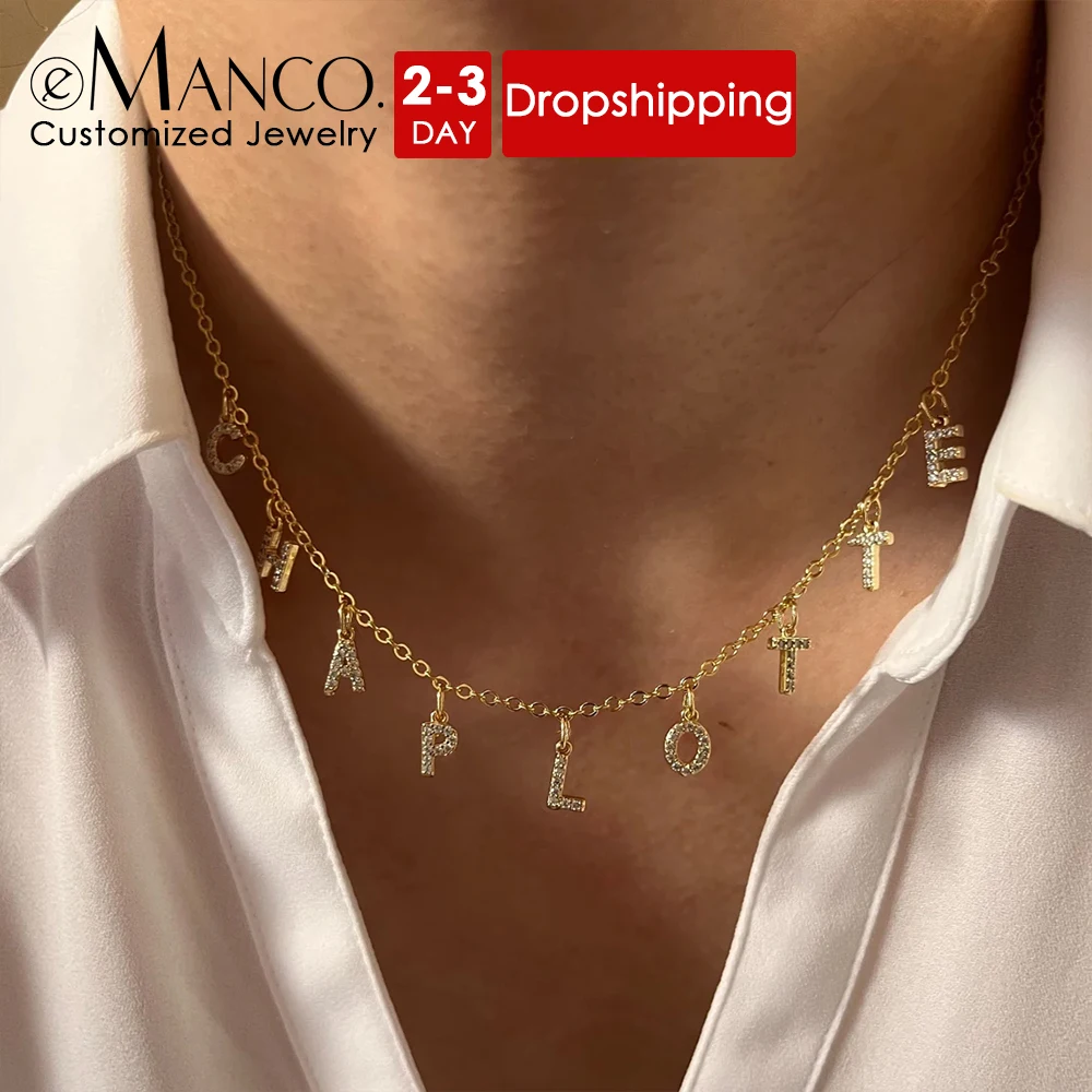 eManco Customized  Name Necklace Personalized Zircon Letter Stainless Steel Choker Necklace Pendant Nameplate Gift Dropshipping