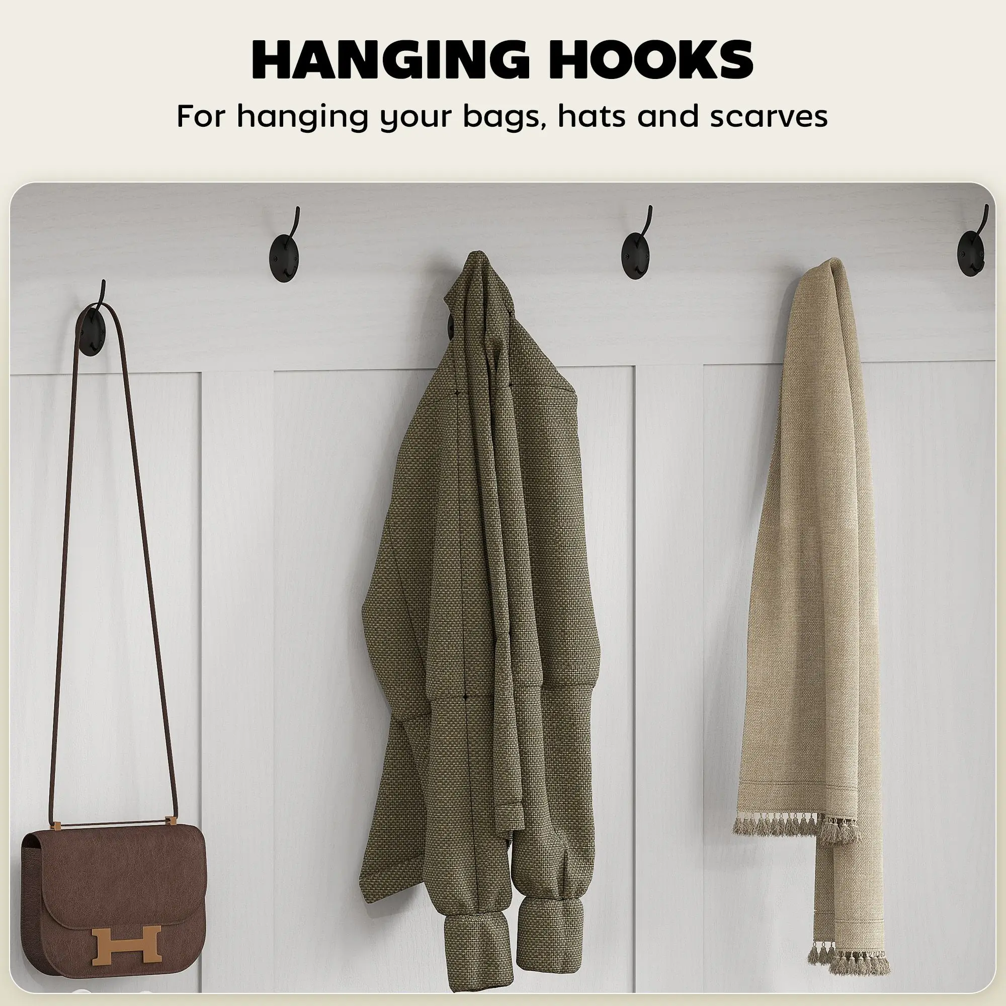 For 3-in-1 Hall Tree with Shoe Storage, Coat Rack with Bench, Entryway Furniture with Hooks, White Wood Grain