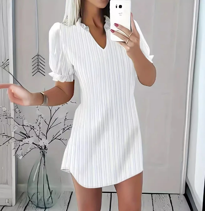 

sexy elegant dresses for women Short sleeved solid color V-neck ruffled edge dress new fashion 2024 summer casual