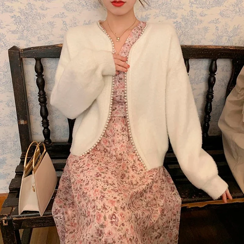 

Imitation mink velvet cardigan coat women small fragrance coat women spring and autumn v neck lace pearl button coat women