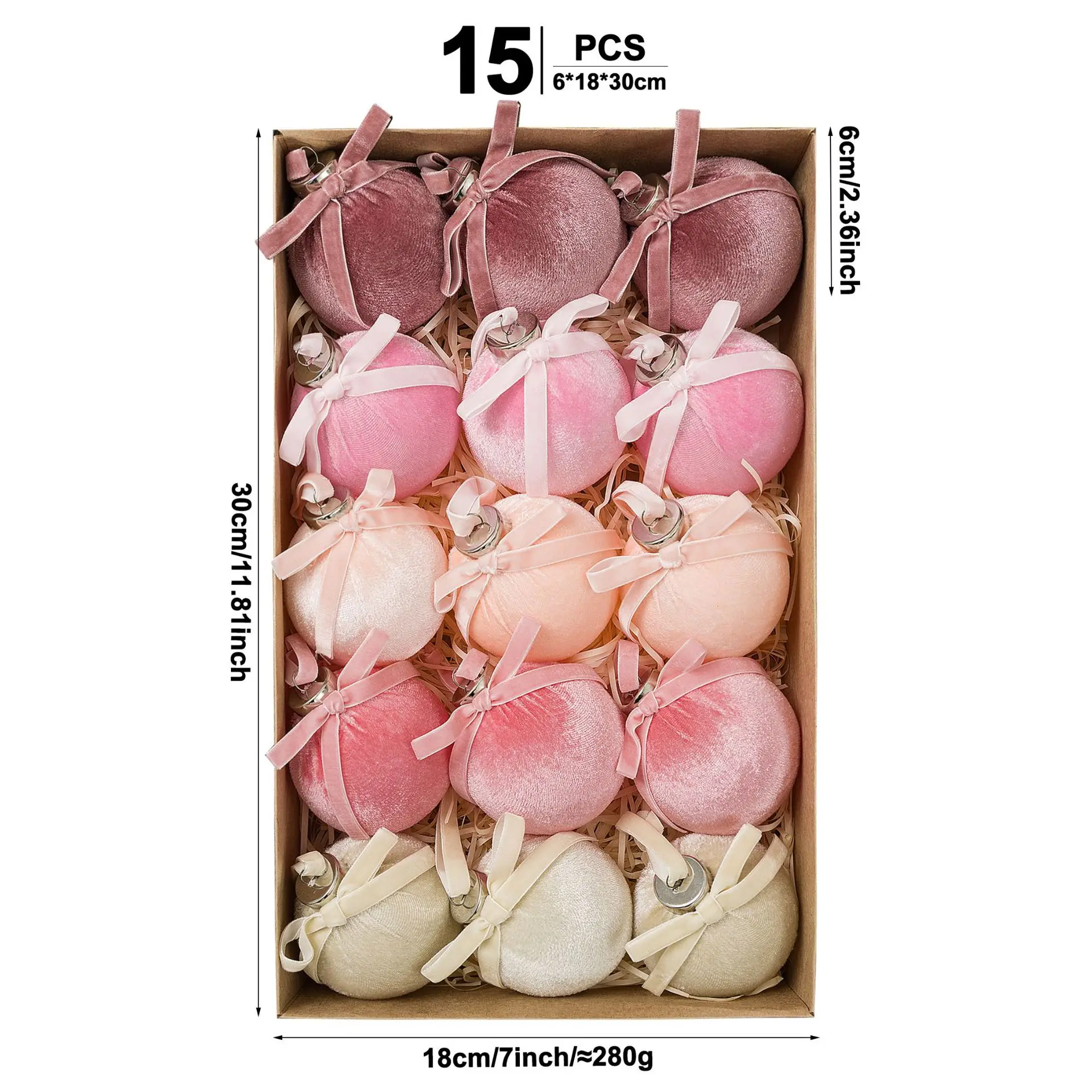 15Pcs Velour Christmas Ball Ornaments Set Pink Cream Plush Fabric Baubles 6cm 8cm With Pre Tied Bows For Tree Home Party Holiday
